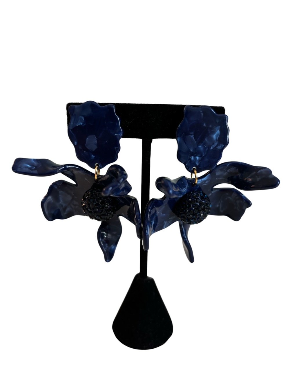 Gorgeous Marbled Dark Blue Lily Dangle Clip-On Earrings w/ Pave Crystal.